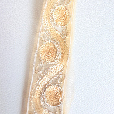 Beige Net Lace Trim With Silver Embroidery And Gold Sequins, Approx. 35mm wide